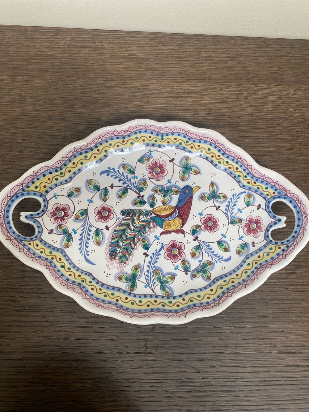 Estrela de Conímbriga Hand-Painted Floral Folk Art Bird Serving Platter in Multi